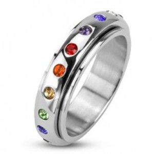 Šperky eshop - Prsteň z ocele 316L, točiaca sa obruč s farebnými kamienkami BB14.09 - Veľkosť: 59 mm