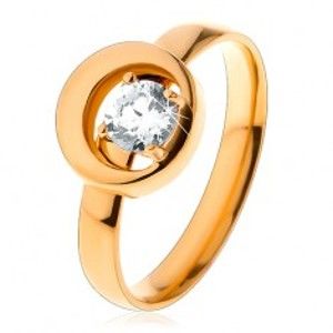 Šperky eshop - Prsteň z ocele 316L v zlatom odtieni, okrúhly číry zirkón v kruhu s výrezom S27.17 - Veľkosť: 52 mm
