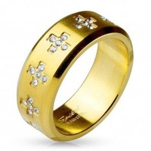 Šperky eshop - Prsteň z ocele 316L zlatej farby, číre zirkónové krížiky po obvode, 8 mm H8.11 - Veľkosť: 67 mm
