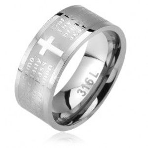 Šperky eshop - Prsteň z ocele, matný pás s lesklým krížom a modlitbou Otčenáš BB11.14 - Veľkosť: 65 mm