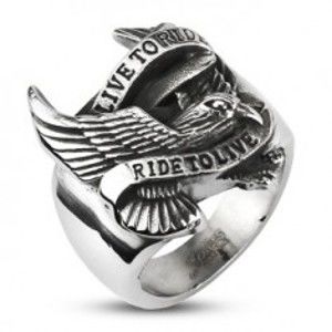 Prsteň z ocele s motívom orla a nápisom - Veľkosť: 69 mm
