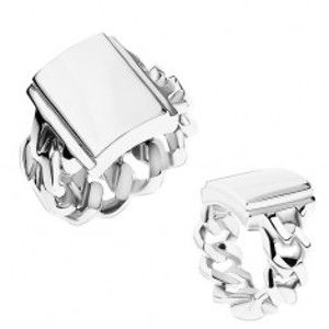 Šperky eshop - Prsteň z ocele, strieborná farba, ramená s očkami, zrkadlovolesklý obdĺžnik T18.17 - Veľkosť: 64 mm