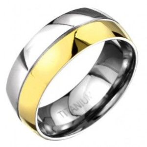 Šperky eshop - Prsteň z titánu - zlato-striebornej farby zaoblená obrúčka s deliacou ryhou C23.12 - Veľkosť: 62 mm