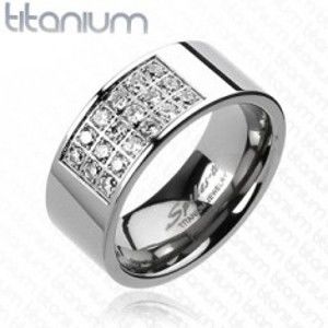 Šperky eshop - Prsteň z titánu s obdĺžnikovým výrezom vykladaným zirkónmi K17.17 - Veľkosť: 62 mm
