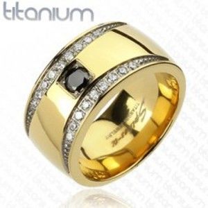 Šperky eshop - Prsteň z titánu zlatej farby so zirkónovými polmesiacmi K16.10 - Veľkosť: 62 mm
