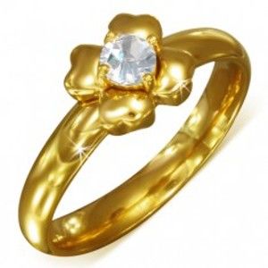 Šperky eshop - Prsteň zlatej farby z chirurgickej ocele s čírym zirkónom - kvet BB3.2 - Veľkosť: 54 mm