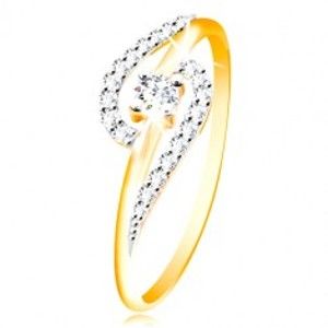 Šperky eshop - Prsteň zo 14K zlata - číre zirkónové oblúky, väčší okrúhly zirkón uprostred GG212.84/91 - Veľkosť: 48 mm