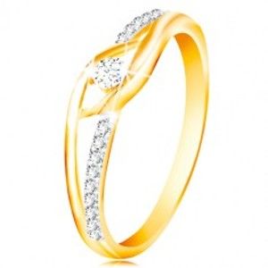 Šperky eshop - Prsteň zo 14K zlata - rozdvojené a zahnuté ramená, okrúhly zirkón v strede GG213.01/08 - Veľkosť: 55 mm