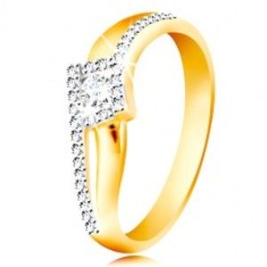 Šperky eshop - Prsteň zo 14K zlata - zvlnené a rozdvojené ramená, okrúhly zirkón v kosoštvorci GG213.55/59 - Veľkosť: 52 mm