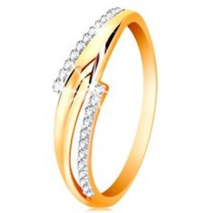 Šperky eshop - Prsteň zo 14K zlata, zvlnené dvojfarebné ramená, číre zirkónové línie GG201.66/73 - Veľkosť: 52 mm