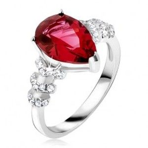Prsteň zo striebra 925 - červený slzičkový kameň, číre zirkónové šípky - Veľkosť: 65 mm