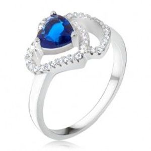 Prsteň zo striebra 925, modrý srdiečkový kameň, zirkónové obrysy sŕdc - Veľkosť: 65 mm