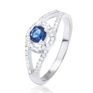 Šperky eshop - Prsteň zo striebra 925, rozdvojené zirkónové ramená, modrý kamienok v kruhu BB7.4 - Veľkosť: 62 mm