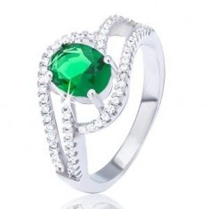 Šperky eshop - Prsteň zo striebra 925, zdvojená zirkónová vlnka, oválny zelený kamienok BB7.10 - Veľkosť: 56 mm