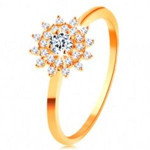 Šperky eshop - Prsteň zo žltého 14K zlata - číre zirkónové slnko, lesklé tenké ramená GG130.05/130.34/37 - Veľkosť: 59 mm
