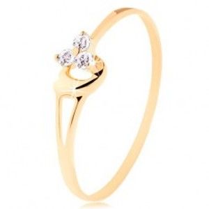 Šperky eshop - Prsteň zo žltého 14K zlata - tri diamanty v jemnom ružovom odtieni, srdiečko BT500.82/88 - Veľkosť: 63 mm