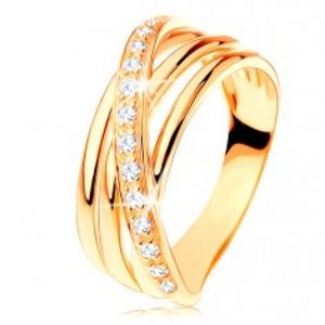 Šperky eshop - Prsteň zo žltého 14K zlata - tri hladké pásy, šikmá zirkónová línia GG127.08/127.26/30 - Veľkosť: 52 mm