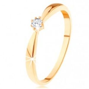 Prsteň zo žltého 14K zlata - zaoblené ramená, okrúhly diamant čírej farby - Veľkosť: 52 mm