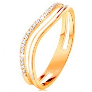Šperky eshop - Prsteň zo žltého 14K zlata, zvlnené ramená s výrezom v strede, glazúra a zirkóny GG134.01/11/14 - Veľkosť: 52 mm