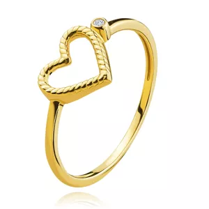 Prsteň zo žltého 585 zlata - vrúbkované srdce, okrúhly zirkón - Veľkosť: 56 mm