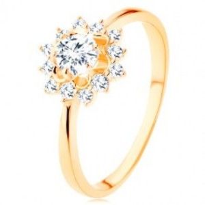 Šperky eshop - Prsteň zo žltého 9K zlata - číre zirkónové slnko, lesklé úzke ramená GG116.30 - Veľkosť: 60 mm