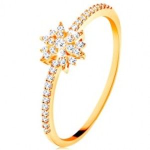 Šperky eshop - Prsteň zo žltého 9K zlata - žiarivý kvet z čírych zirkónov, trblietavé ramená GG118.43 - Veľkosť: 59 mm