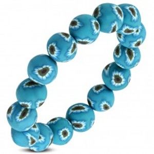 Šperky eshop - Pružný FIMO náramok, modré korálky s kvetmi na gumičke AA08.08