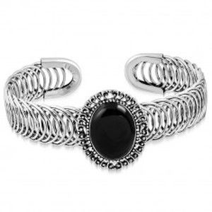 Šperky eshop - Pružný oceľový náramok - oválny ornament s čiernym kameňom, špirála X18.09