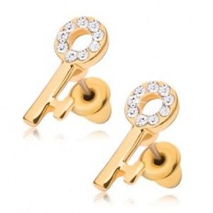 Šperky eshop - Puzetové náušnice, kľúč zlatej farby s čírymi kamienkami S18.16