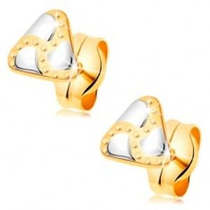 Šperky eshop - Puzetové náušnice, kombinované 14K zlato - trojuholník, slzičky a gravírované bodky GG177.43