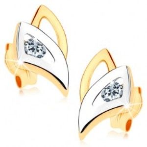 Šperky eshop - Puzetové náušnice v 9K zlate - dvojfarebné obrysy trojuholníkov, číry zirkónik GG76.07