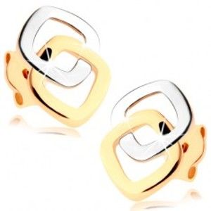Šperky eshop - Puzetové náušnice v 9K zlate - dvojfarebné zaoblené kontúry štvorcov GG81.01