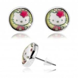 Šperky eshop - Puzetové náušnice v štýle cabochon, vypuklé sklo, Hello Kitty, zelené pozadie SP74.14