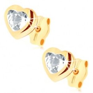 Šperky eshop - Puzetové náušnice v žltom 9K zlate - číre zirkónové srdce, lesklý obrys GG72.10