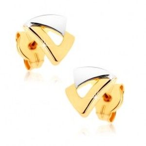 Šperky eshop - Puzetové náušnice z 9K zlata - dva trojuholníčky v dvojfarebnom prevedení GG37.02