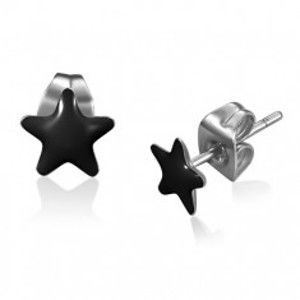 Šperky eshop - Puzetové náušnice z chirurgickej ocele - lesklé čierne hviezdy S22.01