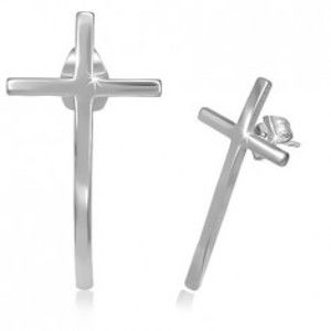 Šperky eshop - Puzetové náušnice z chirurgickej ocele - úzky kríž s lesklým povrchom S11.31