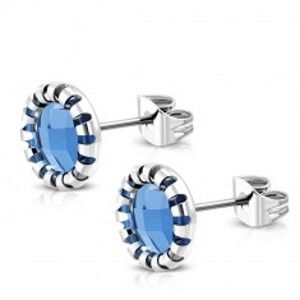 Šperky eshop - Puzetové náušnice z chirurgickej ocele - vyrezávaný kvet, modrý kamienok W24.20