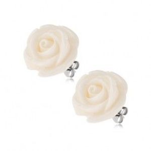 Šperky eshop - Puzetové náušnice z chirurgickej ocele, biely kvet ruže zo živice, 14 mm S84.11