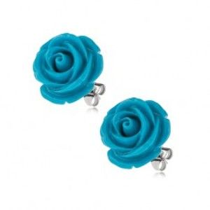 Šperky eshop - Puzetové náušnice z chirurgickej ocele, modrá rozkvitnutá ruža, 14 mm S75.14