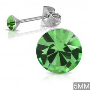Šperky eshop - Puzetové náušnice z chirurgickej ocele, okrúhly zirkón v zelenom odtieni S26.04