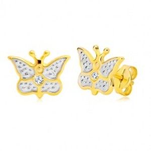 Šperky eshop - Puzetové náušnice z kombinovaného 14K zlata - vyrezávaný motýlik so zirkónom GG19.19