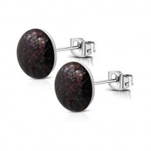 Šperky eshop - Puzetové náušnice z ocele - čierny krúžok, bordové a tmavozelené trblietky AA15.19