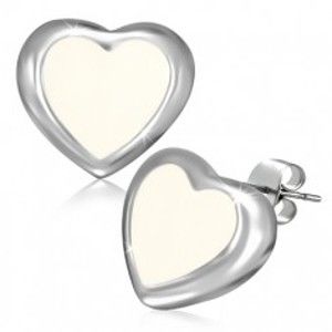 Šperky eshop - Puzetové náušnice z ocele - maslovo biele srdce s okrajom striebornej farby AA40.02
