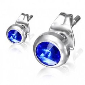 Šperky eshop - Puzetové náušnice z ocele - modrý ligotavý kamienok v lesklej objímke S33.23