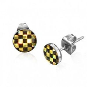 Šperky eshop - Puzetové náušnice z ocele - šachovnica v čiernej a žltej farbe Y49.10