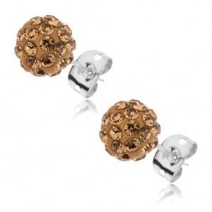Šperky eshop - Puzetové náušnice z ocele - trblietavé guličky s kamienkami zlatej farby, 8 mm SP40.31
