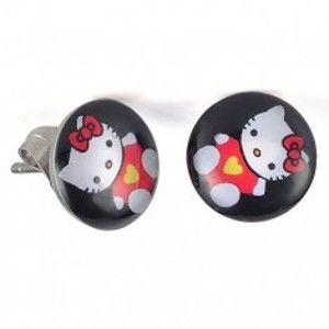 Šperky eshop - Puzetové náušnice z ocele, glazúra, mačička Hello Kitty na čiernom pozadí SP47.20
