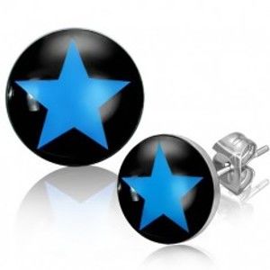 Šperky eshop - Puzetové náušnice z ocele, modrá hviezda na čiernom podklade Q21.19