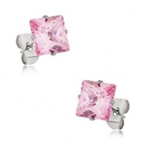 Šperky eshop - Puzetové náušnice z ocele, ružový štvorcový zirkón - rôzne veľkosti R9.18 - Rozmer: 8 x 8 mm